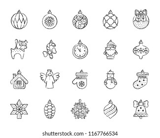 Tree Decorations charcoal icons set. Grunge outline web sign kit of christmas. Ball linear icon glass icicle, home, house Hand drawn by pastel crayon simple tree decorations symbol Vector Illustration