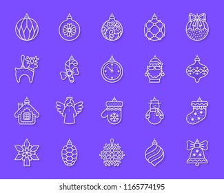 Tree Decorations paper cut line icons set. 3D web sign kit of christmas. Ball linear pictogram angel, snowman, topper star Simple tree decorations vector paper carved icon shape Material design symbol