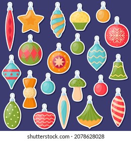 Сhristmas tree decorations. Set of stickers. Collection of xmas decorative elements, vector illustration