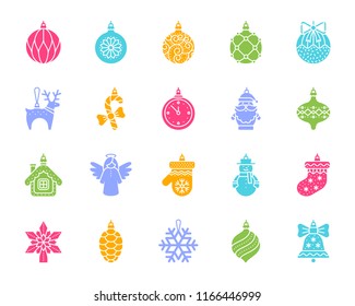 Tree Decorations silhouette icons set. Isolated sign kit of christmas. Ball monochrome pictogram tinsel ribbon, candle, snowflake. Simple tree decorations contour symbol. Vector Icon shape for stamp