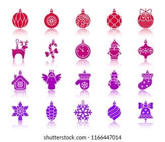 Tree Decorations Silhouette Icons Set. Sign Kit Of Christmas. Ball Pictogram Collection Angel, Snowman, Topper Star. Simple Tree Decorations Contour Symbol With Reflection. Vector Icon Shape Isolated