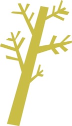 Tree is depicted with a geometric branch structure in a minimalist style.  The slender trunk supports angular, sparse foliage suggesting a young sapling or winter scene. Cartoon vector illustration