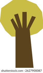 A tree is depicted with a polygonal crown and a blocky trunk in a minimalist style.  The image shows a plant with a geometric canopy and a sturdy stem. Cartoon vector illustration