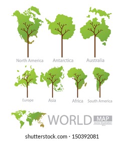 Tree design. Africa. Antarctica. Asia. Australia. Europe. North america. South america. World Map vector Illustration.