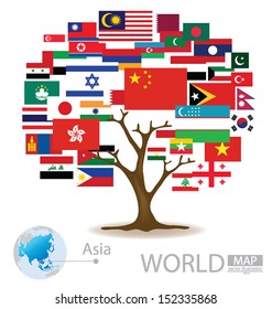 Tree design. Countries in Asia. flag. World Map vector Illustration.