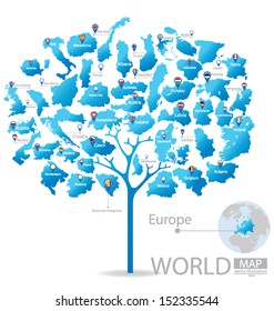 Tree design. Countries in Europe. flag. World Map vector Illustration.