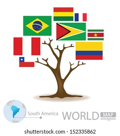 Tree design. Countries in South america. flag. World. Map vector Illustration.