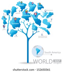 Tree design. Countries in South america. World. Map vector Illustration.