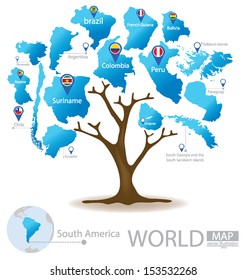 Tree design. Countries in South america. World. Map vector Illustration.