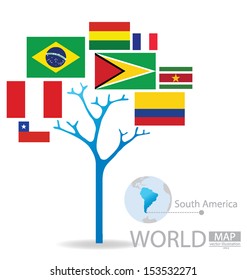 Tree design. Countries in South america. flag. World. Map vector Illustration.