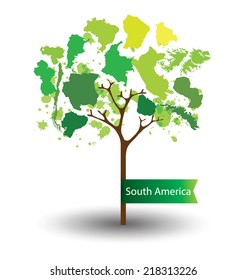 Tree design. Countries in South america. World  Map vector Illustration.