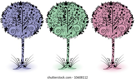 Tree design elements with flowers leaves and butterflies.