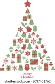 Tree design made of Christmas items. Green and red.