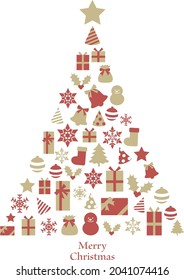 Diseño de árbol hecho de artículos de Navidad. Oro y rojo.