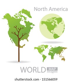 Tree design. North america. World Map vector Illustration.