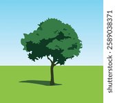 Tree design on landscape background, vector illustration in green shades. Background with the image of the sky in blue and white shades. Flat design style. For decoration in a natural, peaceful style