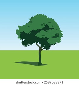 Tree design on landscape background, vector illustration in green shades. Background with the image of the sky in blue and white shades. Flat design style. For decoration in a natural, peaceful style