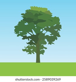 Tree design on landscape background, vector illustration in green shades. Background with the image of the sky in blue and white shades. Flat design style. For decoration in a natural, peaceful style