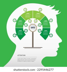 Tree of development and growth of the business. Infographics inside human head silhouette. Green Business presentation concept with six options, parts, steps or processes.