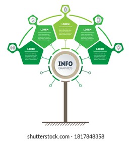 Tree of development and growth of the business. Time line with 5 parts. Business report concept with 5 options, steps or processes. Timeline or infographics.