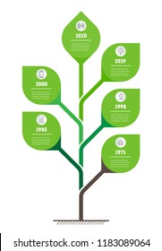 Tree of development and growth of the eco business. Info graphic. Business presentation concept with 6 options, parts, steps or processes. Vertical Timeline infographics with icons.