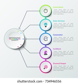 Tree diagram with 5 realistic paper white circles surrounded by gradient colored frame and connected with main round element. Unusual infographic design layout. Vector illustration for presentation.