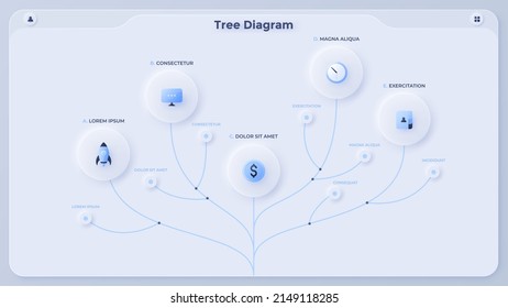 Tree diagram with circular elements connected by lines. Concept of hierarchical structure of business project. Minimal infographic design template. Modern neumorphic vector illustration for banner.