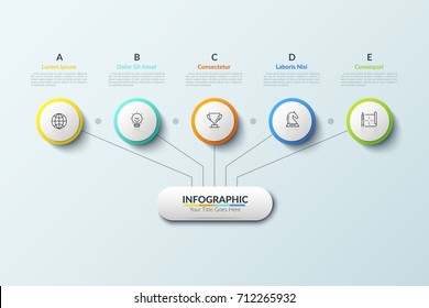 Tree diagram. Main element connected with 5 thin line icons placed inside paper white circles and lettered text boxes. Hierarchy representation. Modern infographic design layout. Vector illustration.