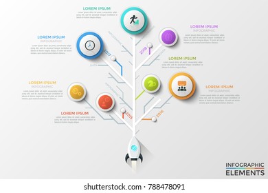 Tree diagram or vertical timeline with space rocket, round elements with linear icons, year indication and text boxes. Concept of annual steps of startup project development. Vector illustration.