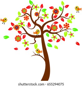 Tree in different colors and yellow birds, flowers and leaves