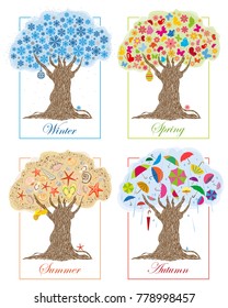 Tree in different seasons, crown from winter, spring, summer and autumn seasonal attributes