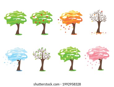 A tree at different times of the year. Set of seasonal trees in cartoon style. Vector illustrations of trees in winter, spring, summer and autumn.