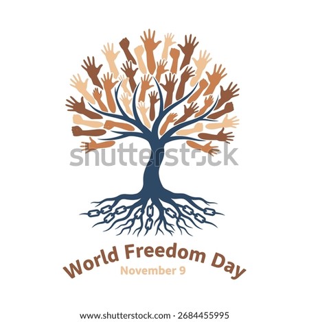 Tree of diverse hands rising from broken chains diversity