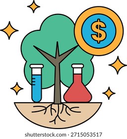 Ein Baum mit einem Dollarzeichen darauf. Das Dollarzeichen ist von einem Kreis umgeben. Der Baum ist von zwei Bechern umgeben