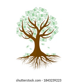 Tree with dollars leaves isolated on white background.