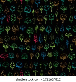 Tree doodle background seamless pattern. Drawing illustration hand drawn vector on chalkboard