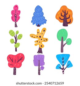 tree doodle flat set cartoon. leaf green, drawing creative, simple outline tree doodle flat sign. isolated symbol vector illustration
