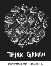 Tree doodle illustration circle form wallpaper background line sketch style set on chalkboard