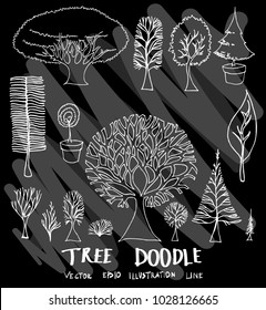 Tree doodle illustration wallpaper background line sketch style set on chalkboard