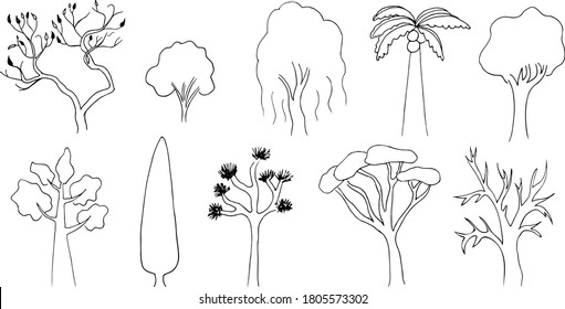 Baumdoodle-Umriss-Vektorsymbole gesetzt. Verschiedene Baumtypen handgezeichnete Symbole. Naturkunstlinie Kontur Dekoration. Waldskizze, einzelne Vektorgrafik-Vektorgrafik
