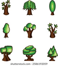 Tree drawing icon in colored style. One set consists of 9 icons, each of which has its own shape and uniqueness.