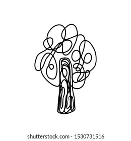 The tree drawn by the Continuous Line in doodle style. Vector illustration coloring book for child and adults.