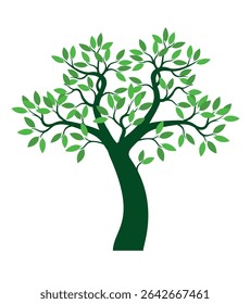 A tree drawn by hand. Green leaves on branches and curved trunk. Vector Illustration.