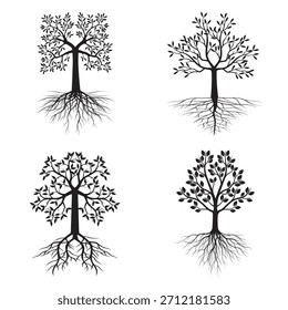 A Tree drawn by hand. Green leaves on branches. Vector outline Illustration.