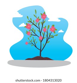 tree dry with leaves and flowers vector illustration design