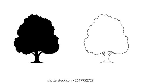 Tree Duo with Round Canopy - Solid and Line Art Icon for Nature-Themed Designs