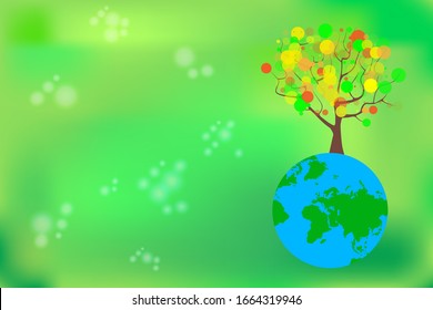 Tree and earth planet. Earth day symbol. Ecology concept with green eco earth and tree.Eco friendly. Background with copy space. Save Earth planet world. Continents and tree in green background.Vector