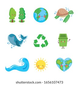 tree earth planet turtle whale recycle sign wave water sun and trash bin. earth planet care icons. vector illustration