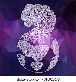 Tree with earth in the space illustration. Ecology concept theme. Save planet vector illustration.