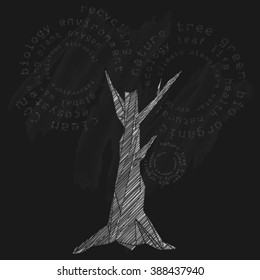 Tree of ecology hand drawn on black chalkboard. Low polygonal isolated tree with text leaves.